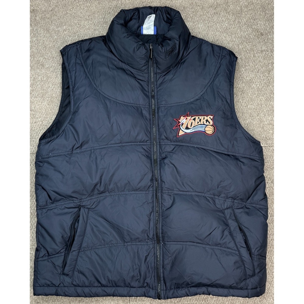 Reebok NBA Philadelphia 76ers Vtg & Rare Black Down Puffer Vest Size Large